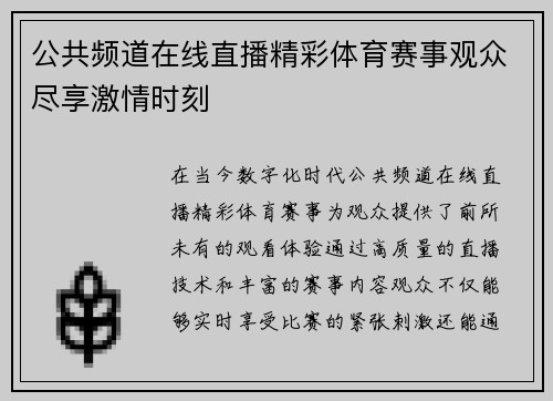 公共频道在线直播精彩体育赛事观众尽享激情时刻